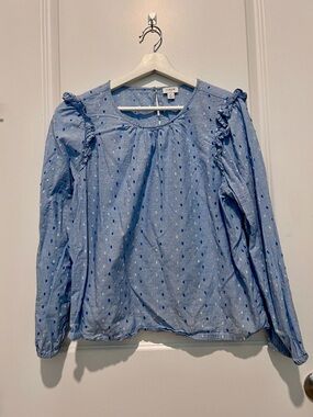 J. Crew Light Blue Dot Ruffle-Shoulder Blouse
